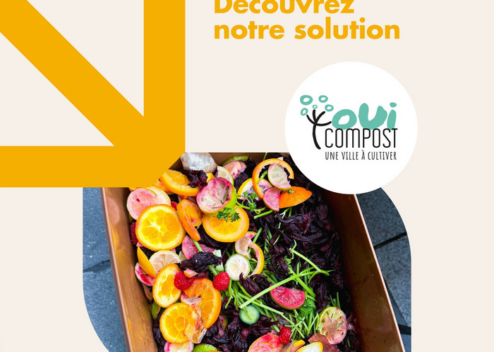 Programme Marguerite Lyon Une présentation du programme Marguerite qui finance les expérimentation de solution logistiques durables pour les artisants et commerçants à Lyon. Sur l'affiche du programme, on voit un bac avec les biodéchets dedans : déchets alimentaires de cuisine récupérés par OuiCompost chez un restaurateur lyonnais, le logo du programme Marguerite et le logo de OuiCompost.