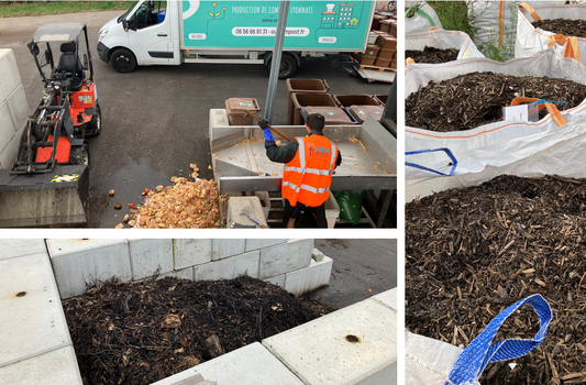Un collage de photos qui présentent le processus de traitement des déchets alimentaires sur le site de compostage urbain de OuiCompost à Lyon. Un agent de tri effectue le tri des déchets alimentaires sur la table de tri. Les déchets sont déversés dans un casier de compostage situé à côté de la table de tri. On voit un tas de biodéchets de former au fur et à mesure que les biodéchets sont triés. Sur la deuxième photo, on voit le compost maturer dans les casiers de compostage sur le site de compostage de OuiCompost. La troisième photo présente des big bags remplis de compost mûr et prêt pour la vente. Le compost est bien sombre, avec de la bonne granulométrie.     