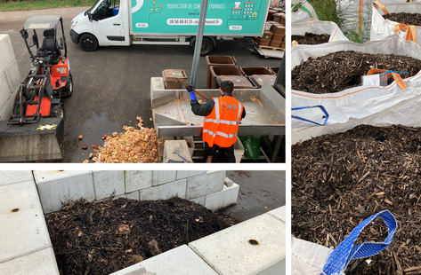 Processus de compostage urbain à OuiCompost Un collage de photos qui présentent le processus de traitement des déchets alimentaires sur le site de compostage urbain de OuiCompost à Lyon. Un agent de tri effectue le tri des déchets alimentaires sur la table de tri. Les déchets sont déversés dans un casier de compostage situé à côté de la table de tri. On voit un tas de biodéchets de former au fur et à mesure que les biodéchets sont triés. Sur la deuxième photo, on voit le compost maturer dans les casiers de compostage sur le site de compostage de OuiCompost. La troisième photo présente des big bags remplis de compost mûr et prêt pour la vente. Le compost est bien sombre, avec de la bonne granulométrie.
